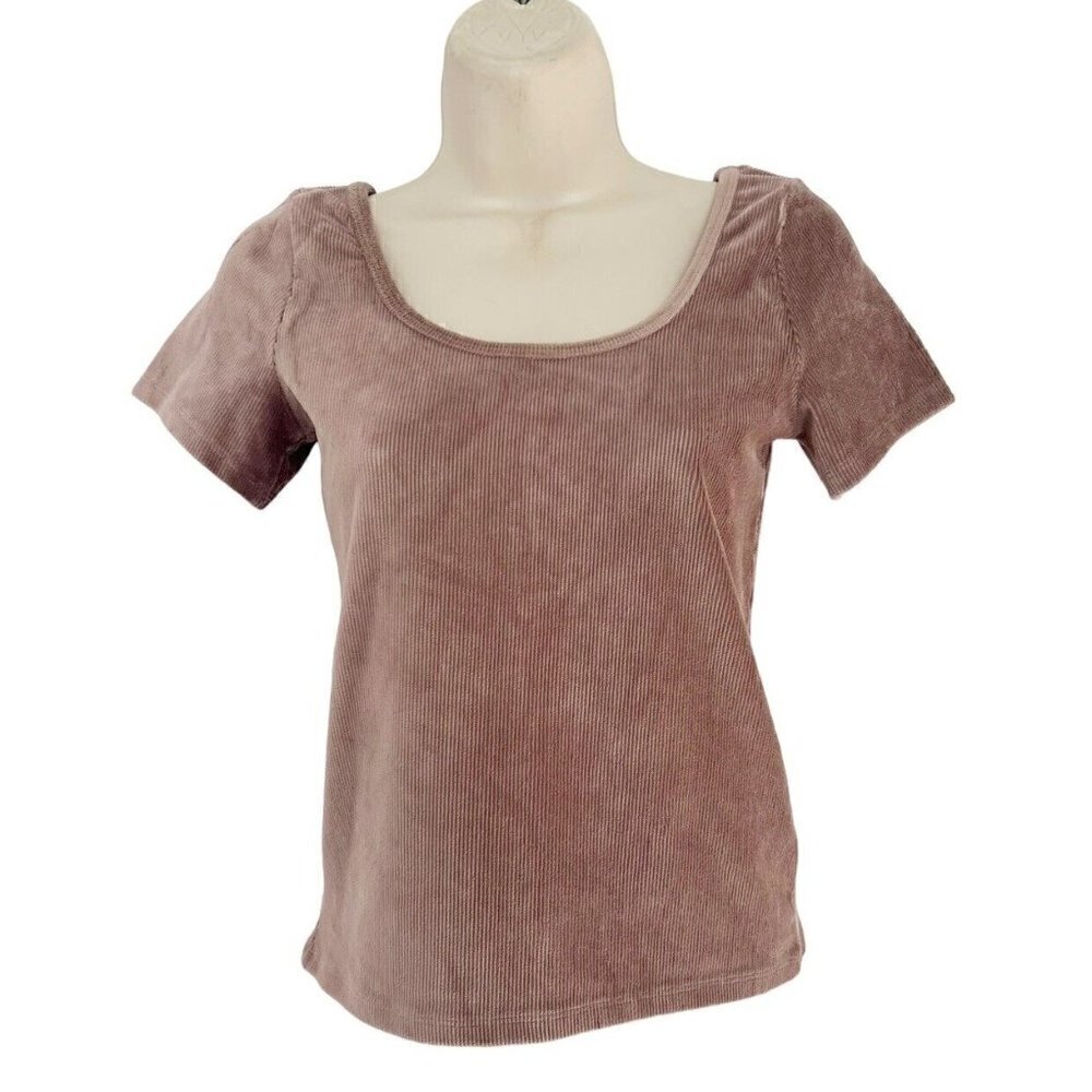 Hollister Womans Sz M Tan Corduroy Ribbed Short Sleeve Scoop Neck Top NWT